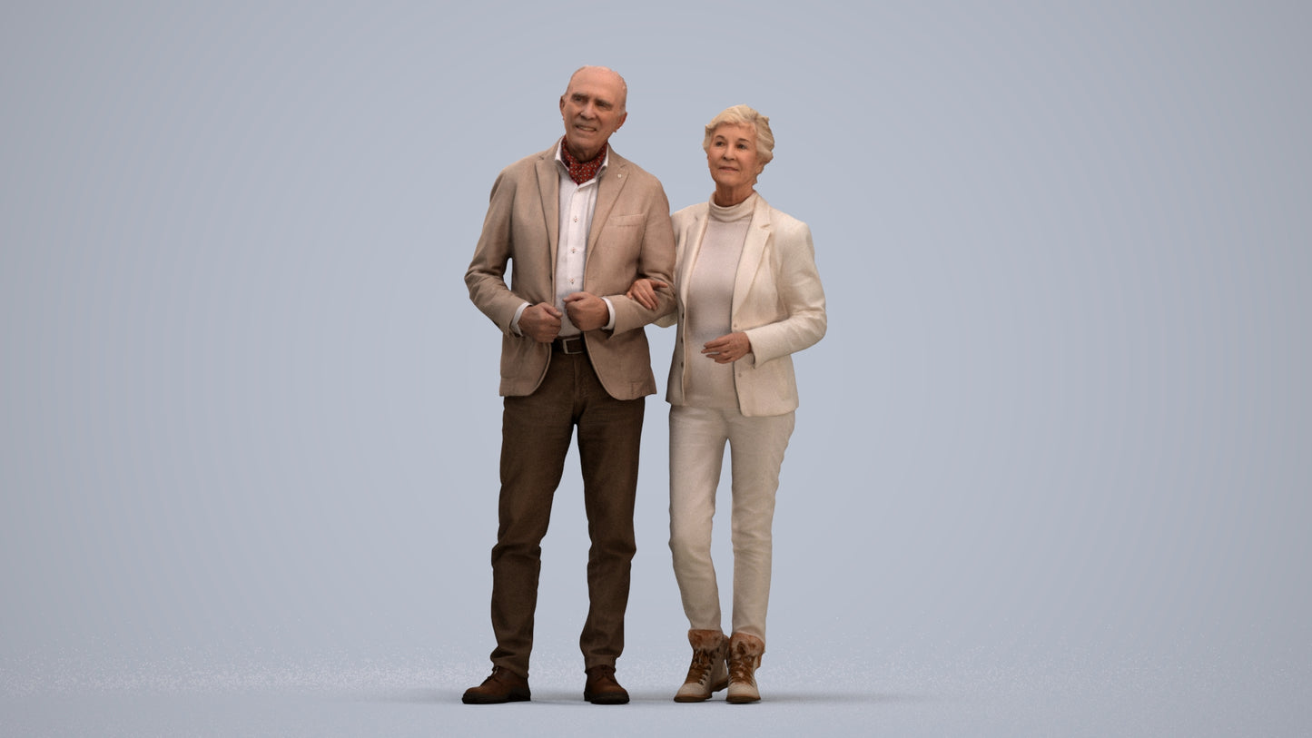 3D people model senior woman business couple, scanned human for 3ds Max rendering, standing pose render