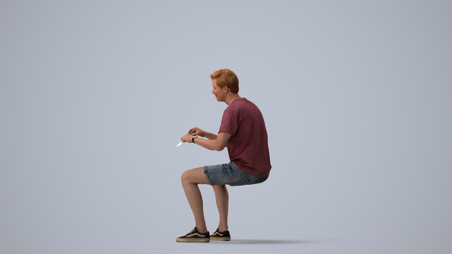 realistic 3D human man casual sitting, archviz people FBX OBJ for Blender, three-quarter view render