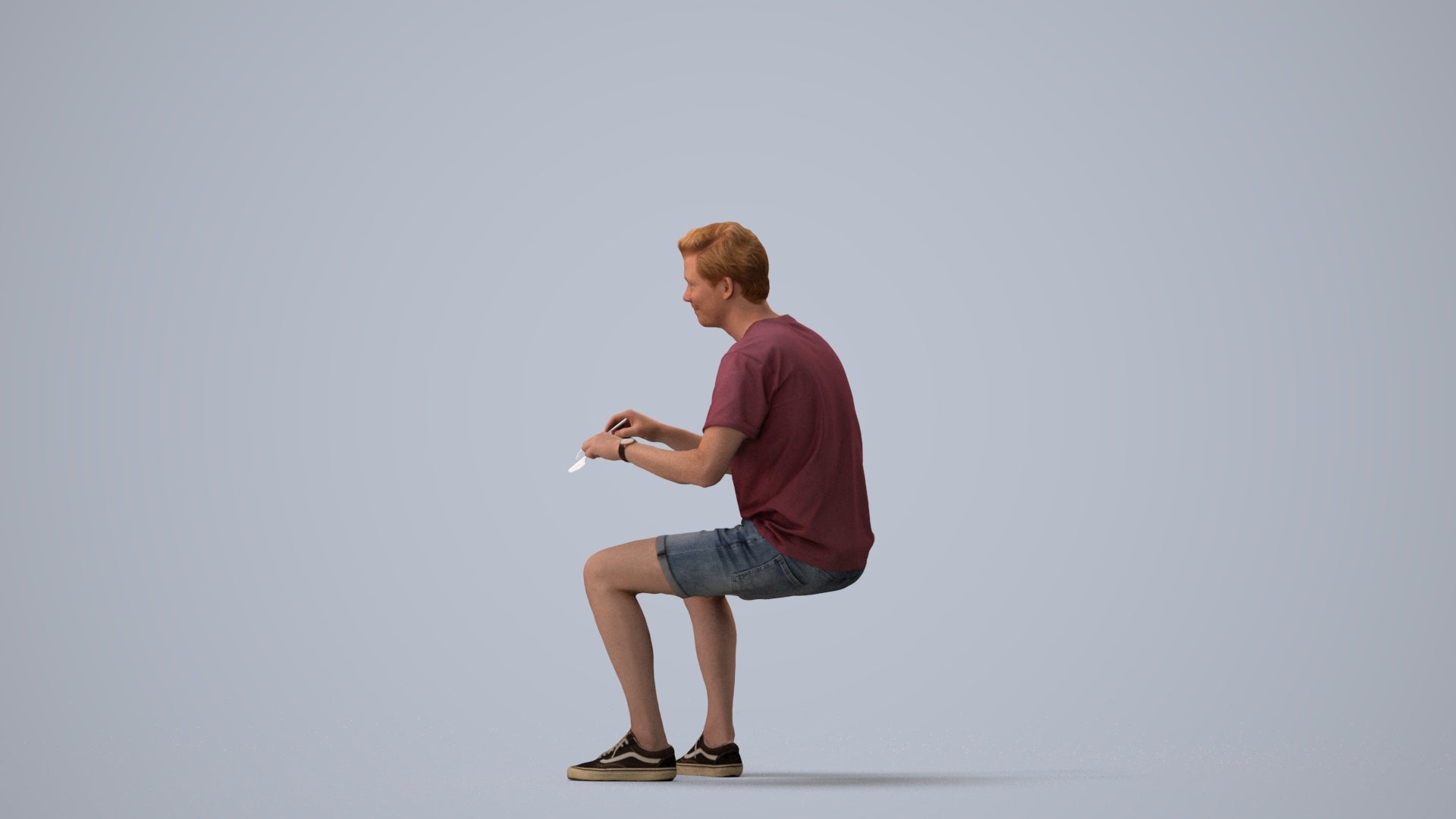 realistic 3D human man casual sitting, archviz people FBX OBJ for Blender, three-quarter view render