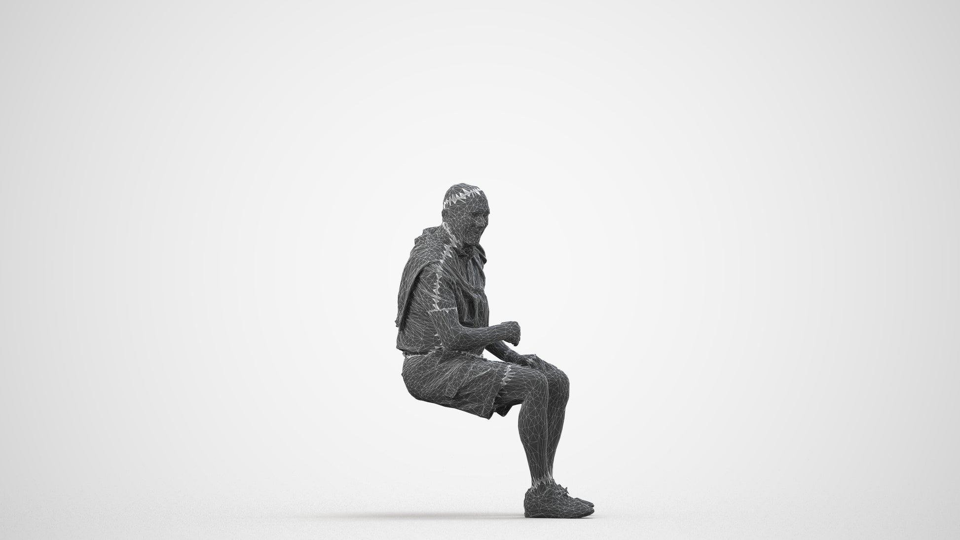 scanned 3D senior man casual sitting, photogrammetry people for Enscape and V-Ray, wireframe side view