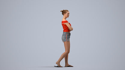 3D scanned girl walking casual, photorealistic archviz people for Enscape and SketchUp, side view render
