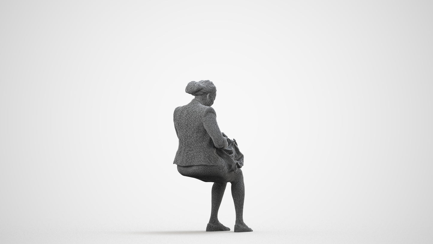 3D human model woman business sitting, photogrammetry scanned person for archviz, wireframe side view