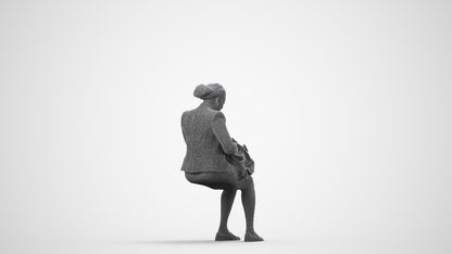 3D human model woman business sitting, photogrammetry scanned person for archviz, wireframe side view