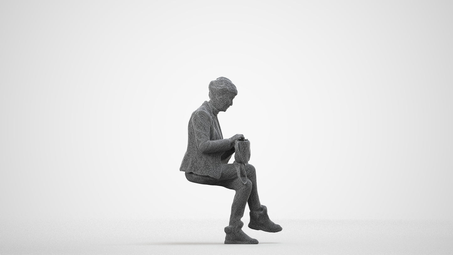 photogrammetry 3D senior woman business sitting, realistic human model archviz FBX, wireframe side view