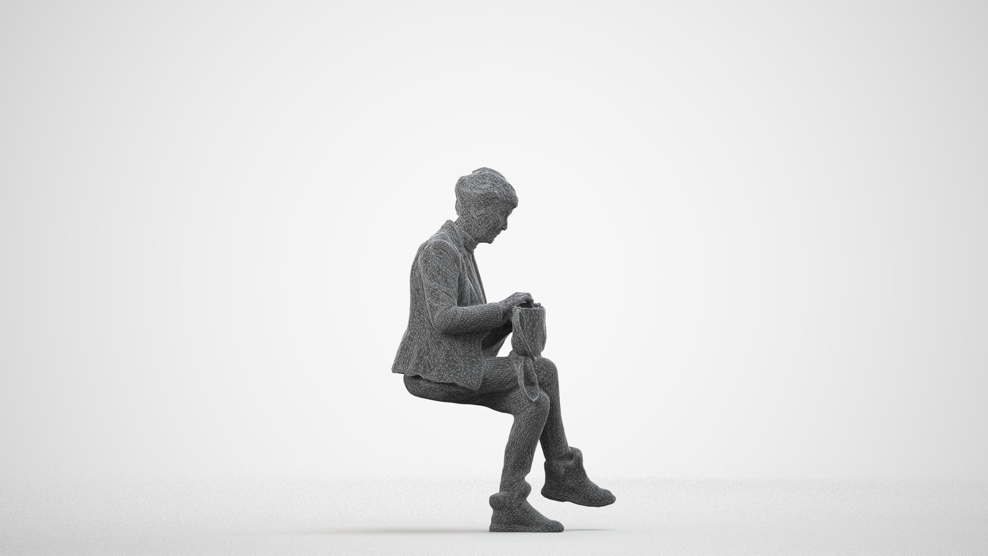 photogrammetry 3D senior woman business sitting, realistic human model archviz FBX, wireframe side view
