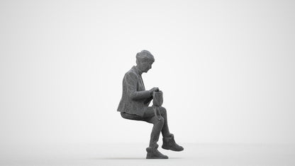 photogrammetry 3D senior woman business sitting, realistic human model archviz FBX, wireframe side view