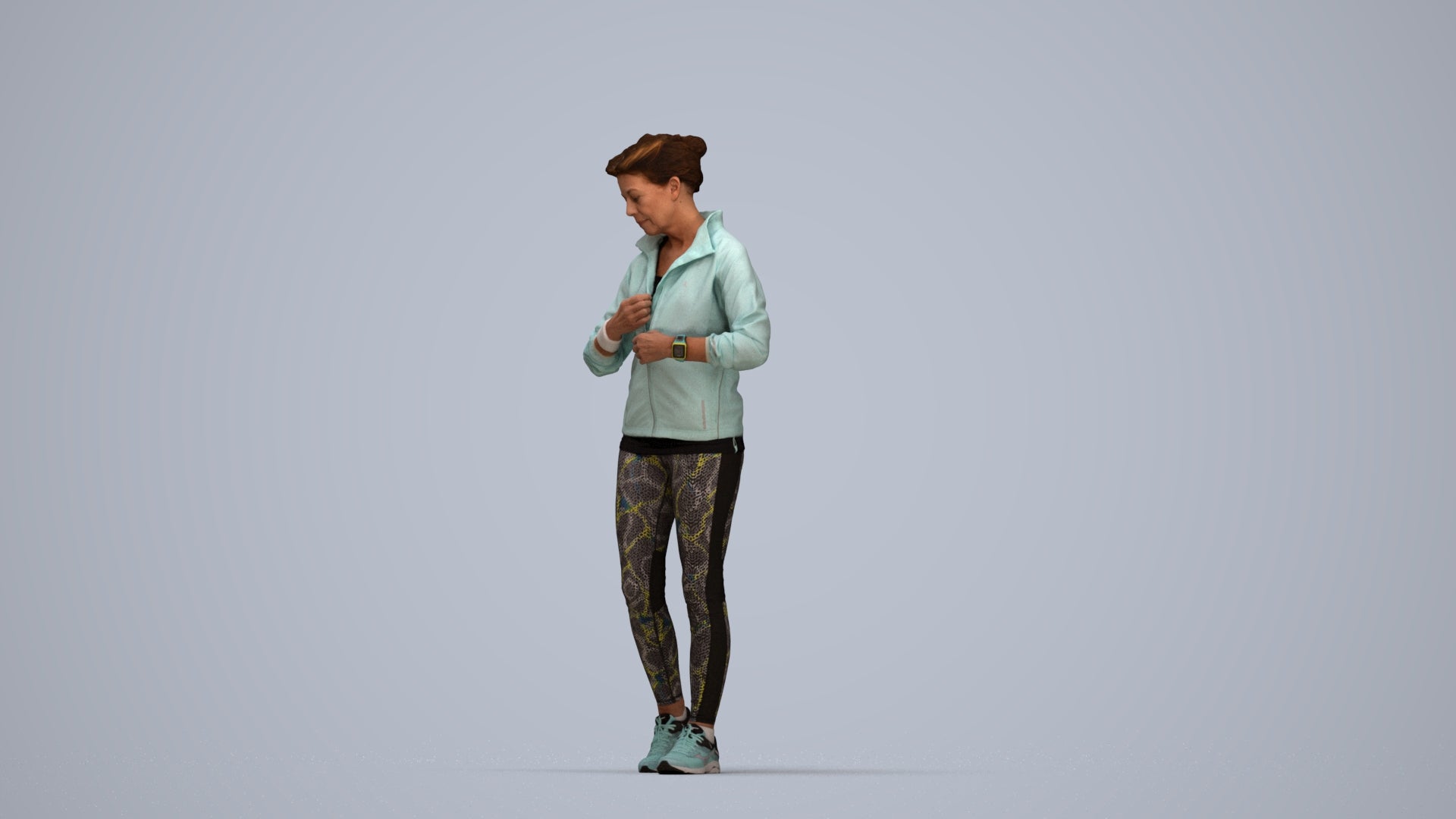3D people model woman sport, scanned human for 3ds Max rendering, top-down view render