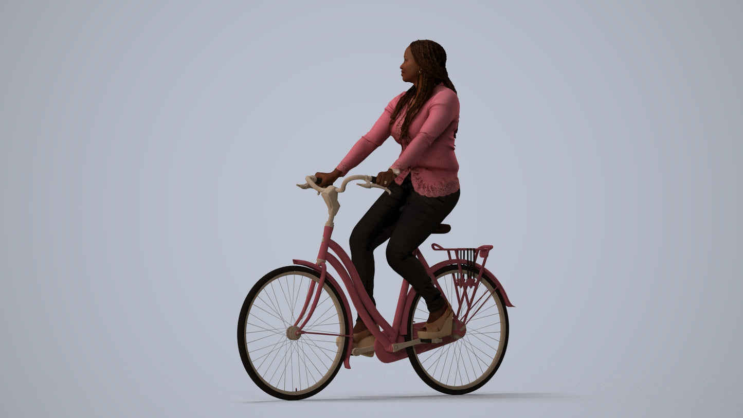 3D human model woman casual cycling, photogrammetry scanned person for archviz, three-quarter view render