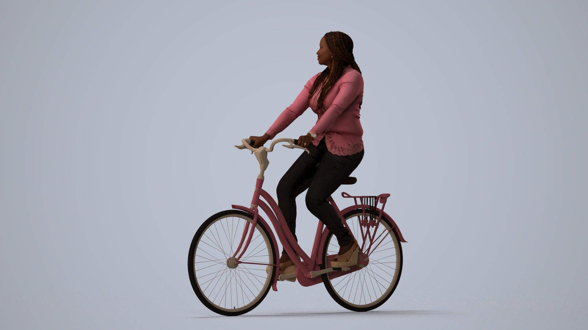 3D human model woman casual cycling, photogrammetry scanned person for archviz, three-quarter view render