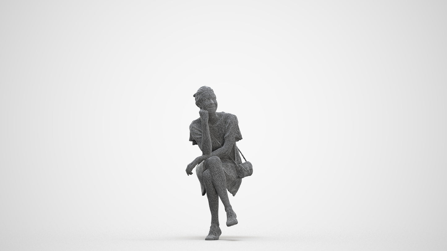 scanned 3D woman casual sitting, photogrammetry people for Enscape and V-Ray, three-quarter front view render