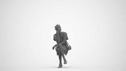 scanned 3D woman casual sitting, photogrammetry people for Enscape and V-Ray, three-quarter front view render