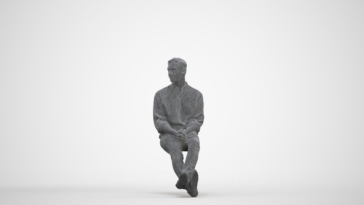 scanned 3D man casual sitting, photogrammetry people for Enscape and V-Ray, three-quarter front view render