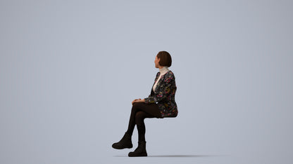 3D people model woman casual sitting, scanned human for 3ds Max rendering, three-quarter view render