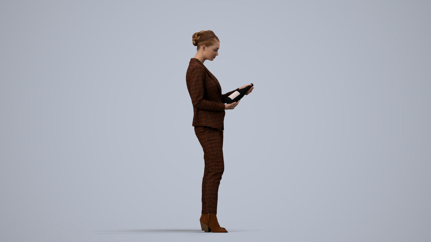 realistic 3D human woman business standing, archviz people FBX OBJ for Blender, side view render