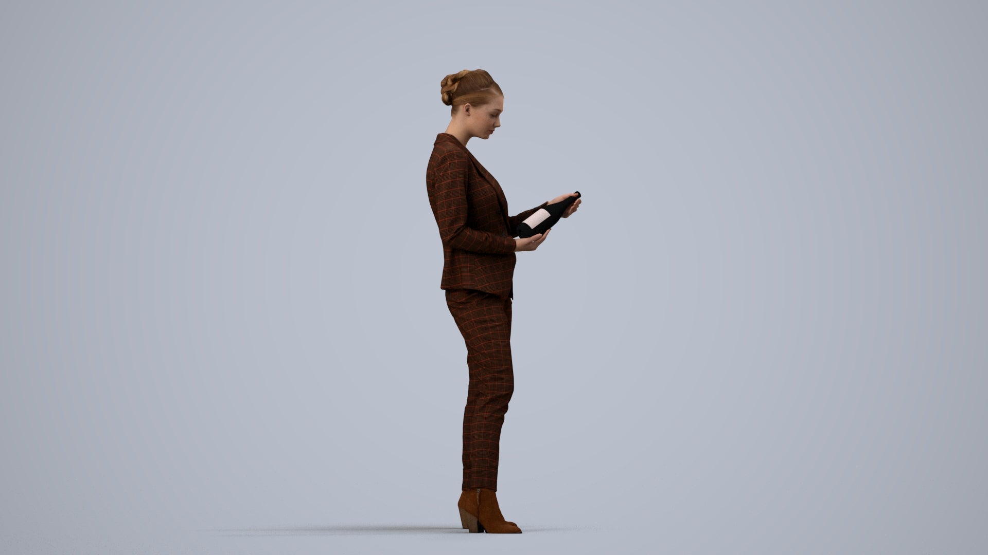 realistic 3D human woman business standing, archviz people FBX OBJ for Blender, side view render