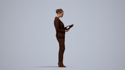 realistic 3D human woman business standing, archviz people FBX OBJ for Blender, side view render