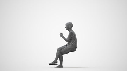 3D human model senior woman sitting, photogrammetry scanned person for archviz, square thumbnail