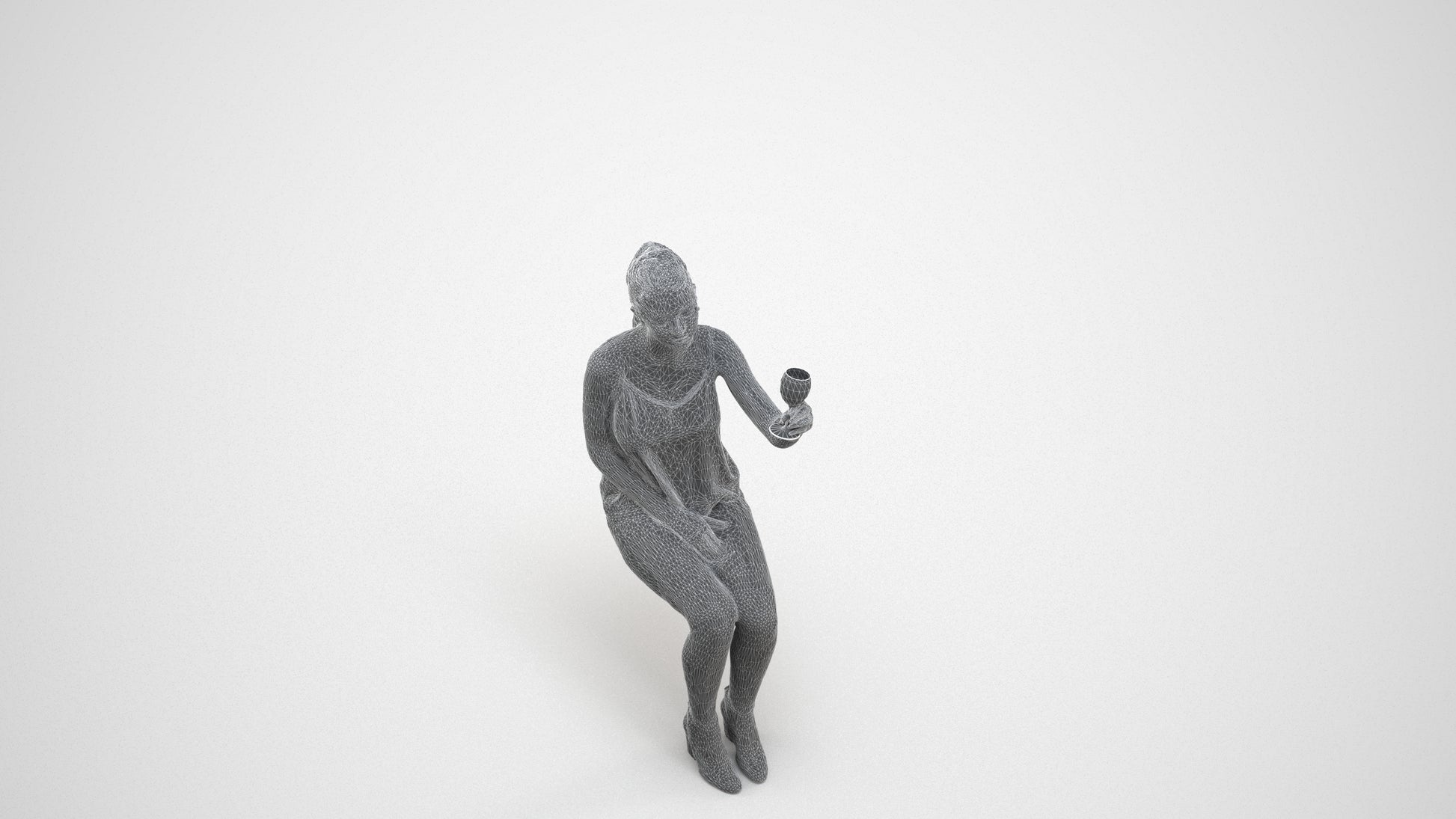 realistic 3D people girl casual sitting, render-ready for V-Ray and Corona, FBX OBJ, wireframe three-quarter view