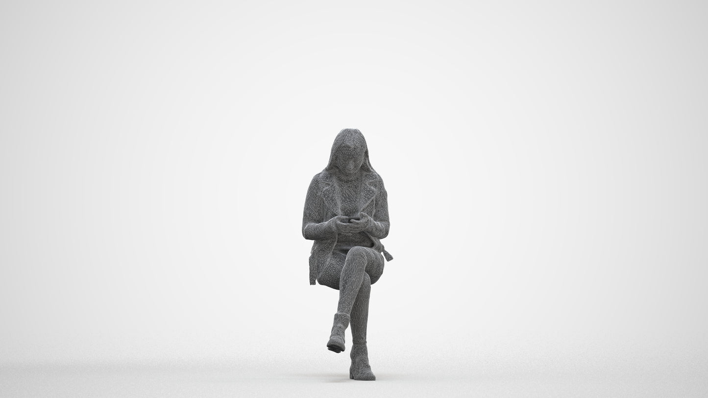realistic 3D people woman casual sitting, render-ready for V-Ray and Corona, FBX OBJ, three-quarter front view render