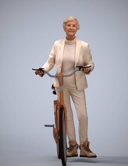 3D human model senior woman business cycling, photogrammetry scanned person for archviz
