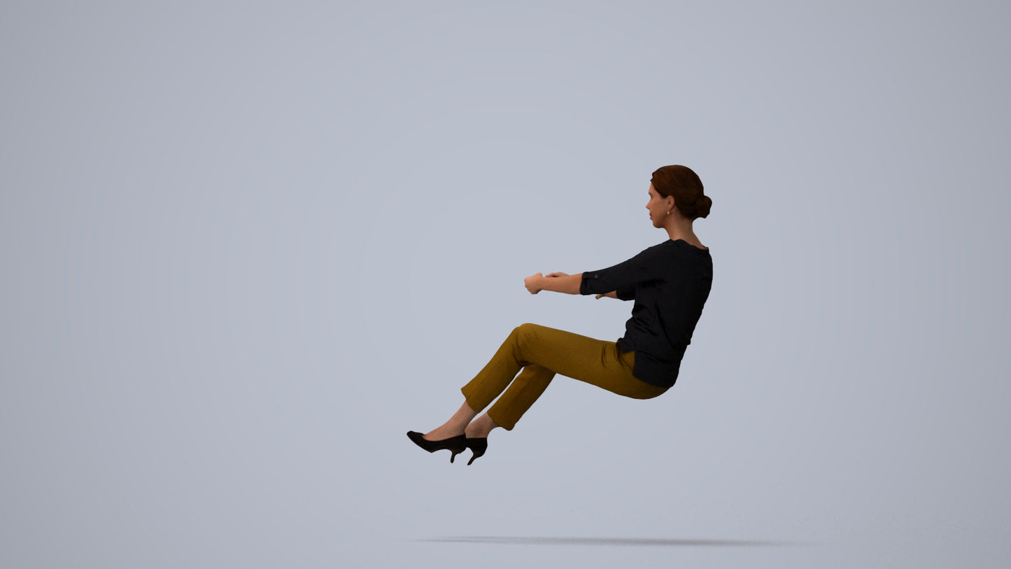 3D human model woman casual driving, photogrammetry scanned person for archviz, three-quarter view render
