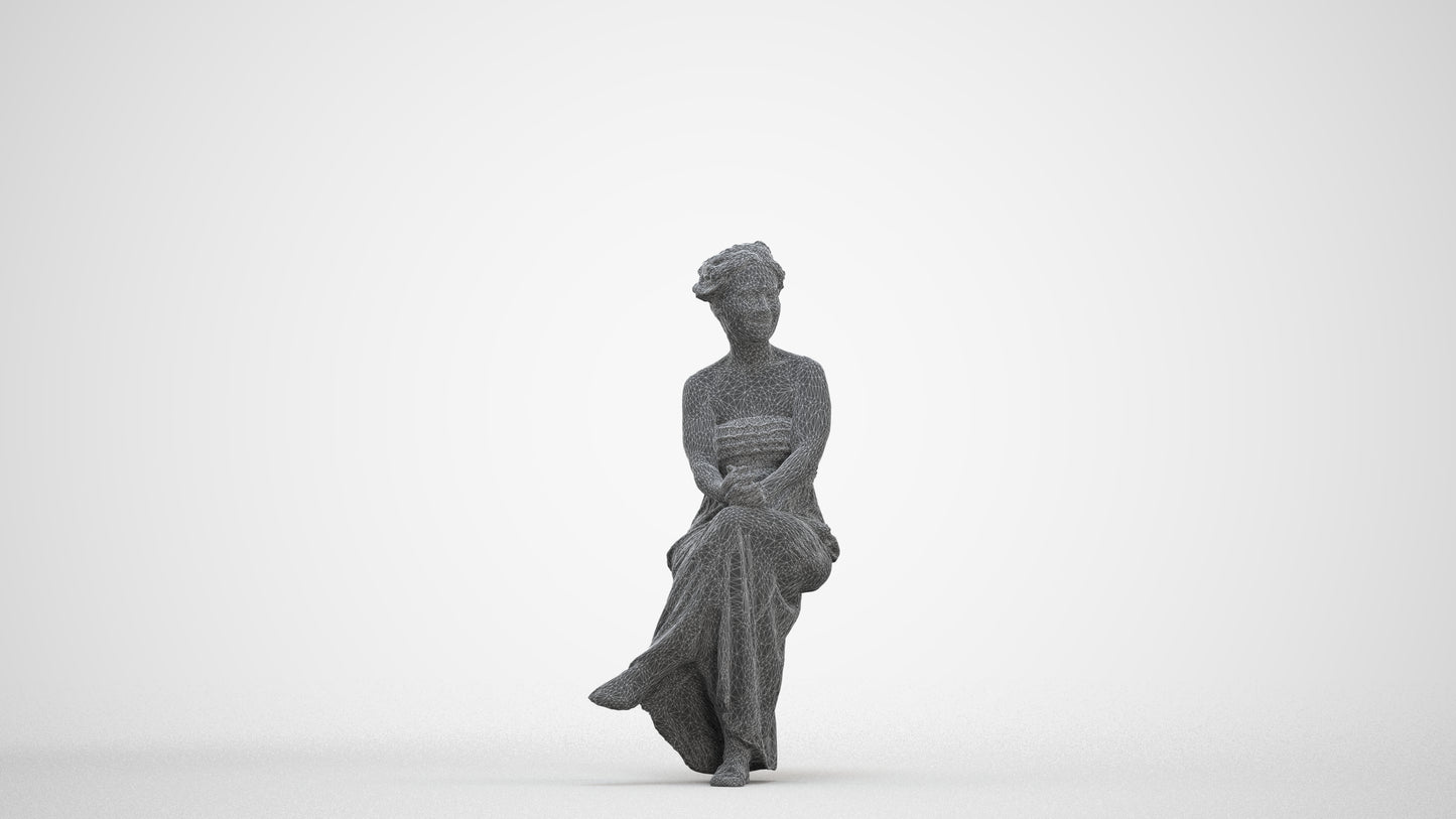 photogrammetry 3D woman casual sitting, realistic human model archviz FBX, three-quarter front view render