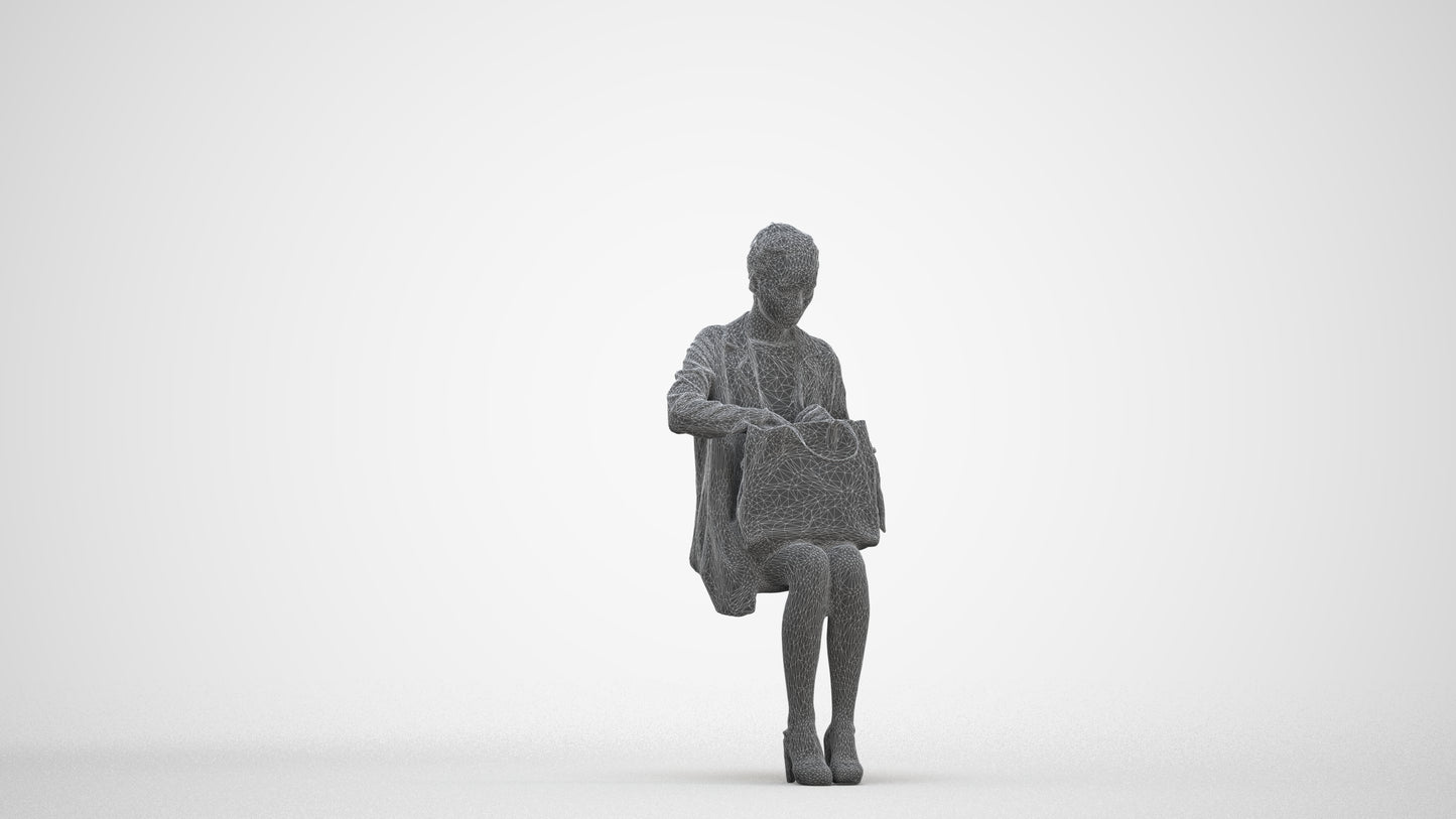 realistic 3D people woman business sitting, render-ready for V-Ray and Corona, FBX OBJ, three-quarter front view render