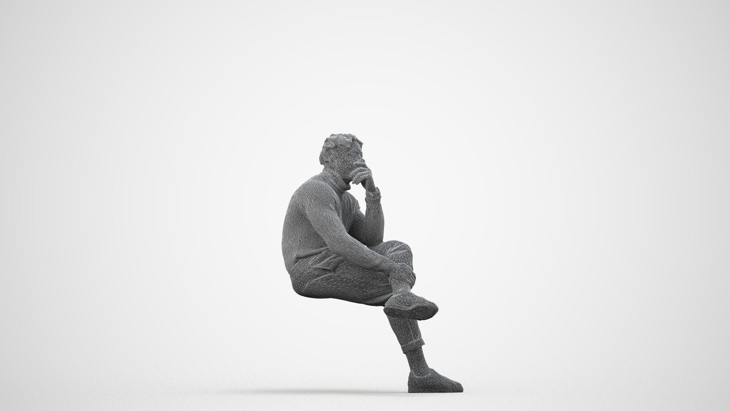 3D people model man casual sitting, scanned human for 3ds Max rendering, wireframe side view