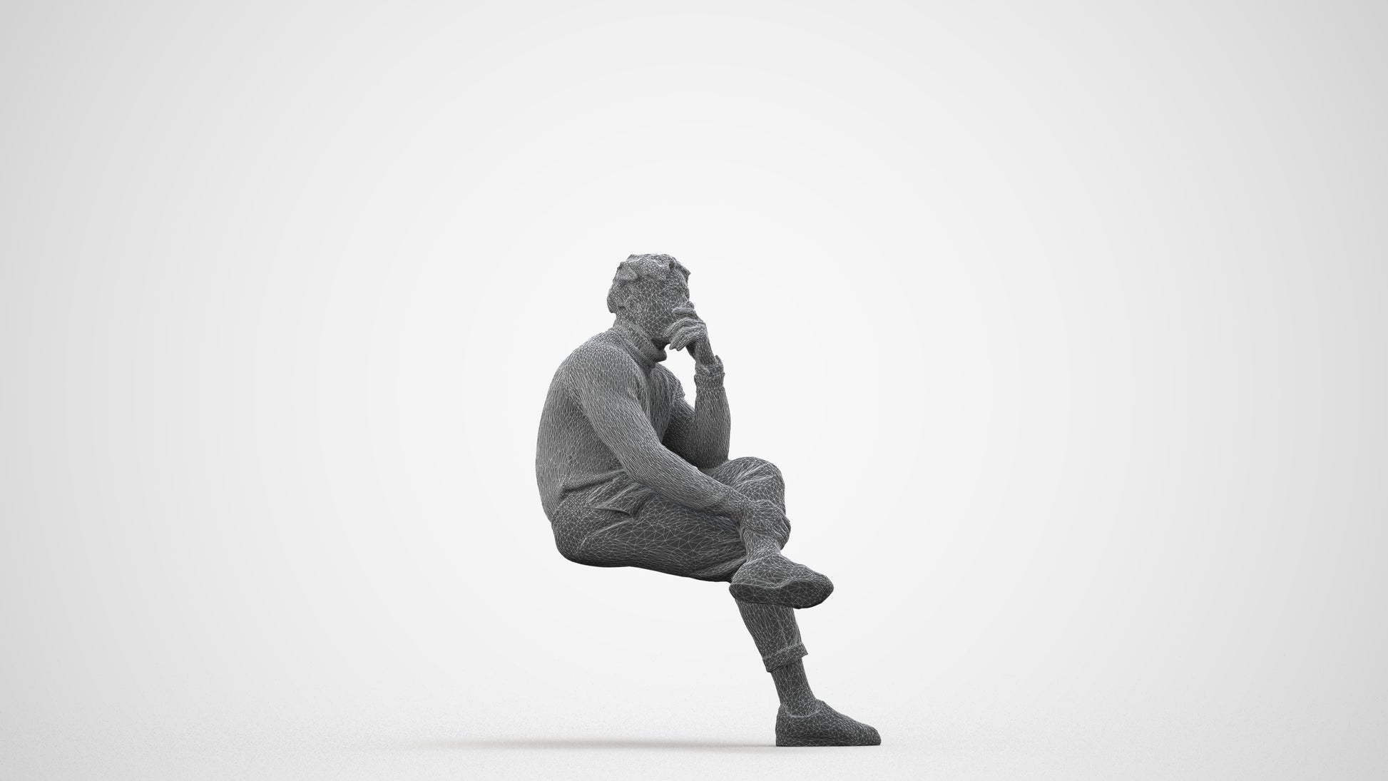 3D people model man casual sitting, scanned human for 3ds Max rendering, wireframe side view