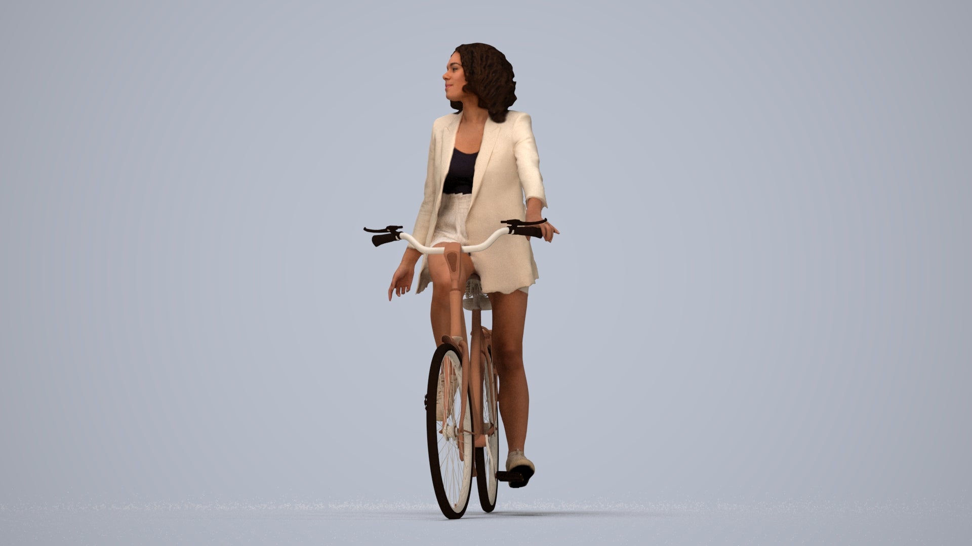 3D scanned woman cycling business, photorealistic archviz people for Enscape and SketchUp, top-down view render