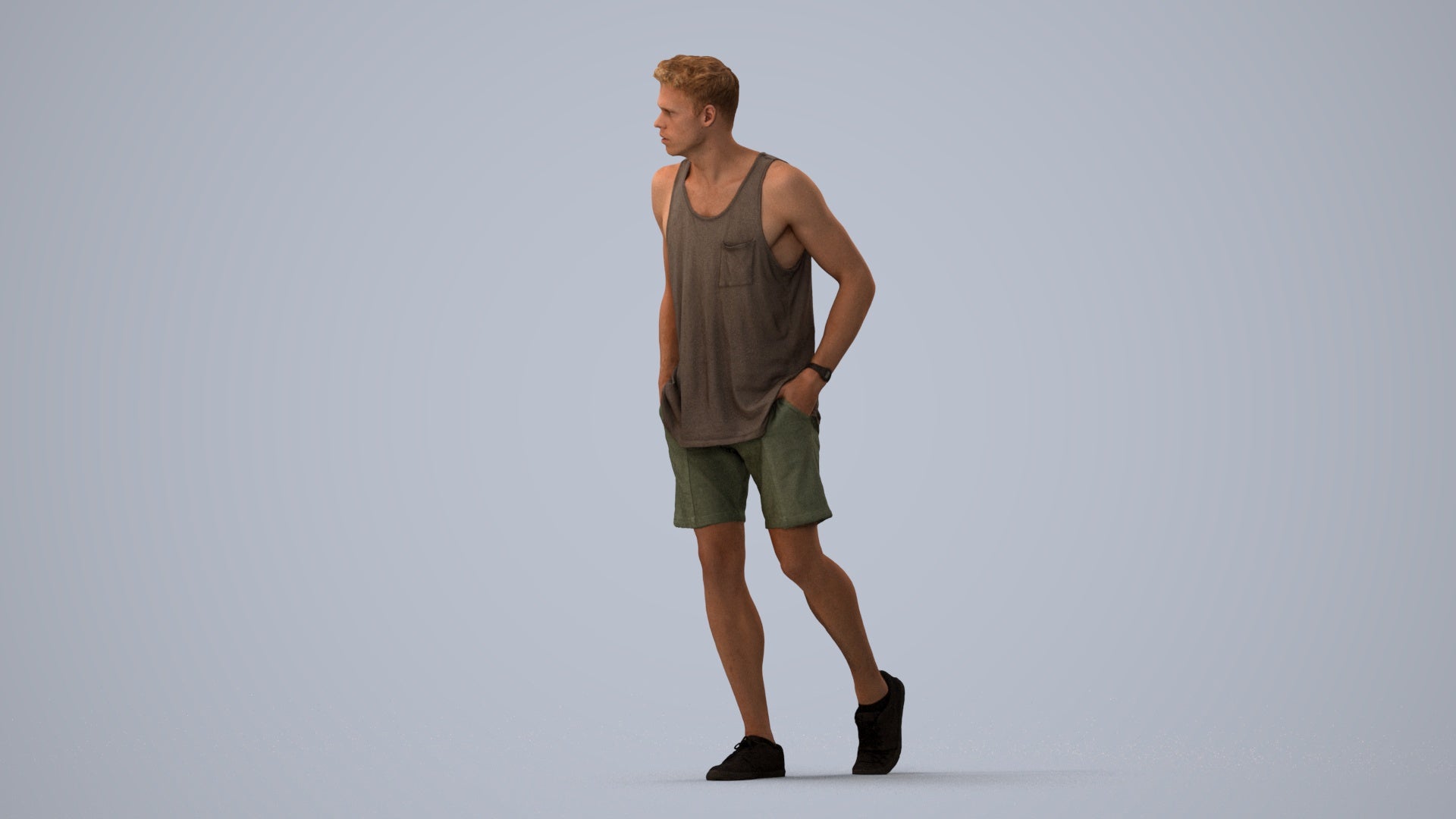 3D human model woman casual walking, photogrammetry scanned person for archviz, three-quarter view render