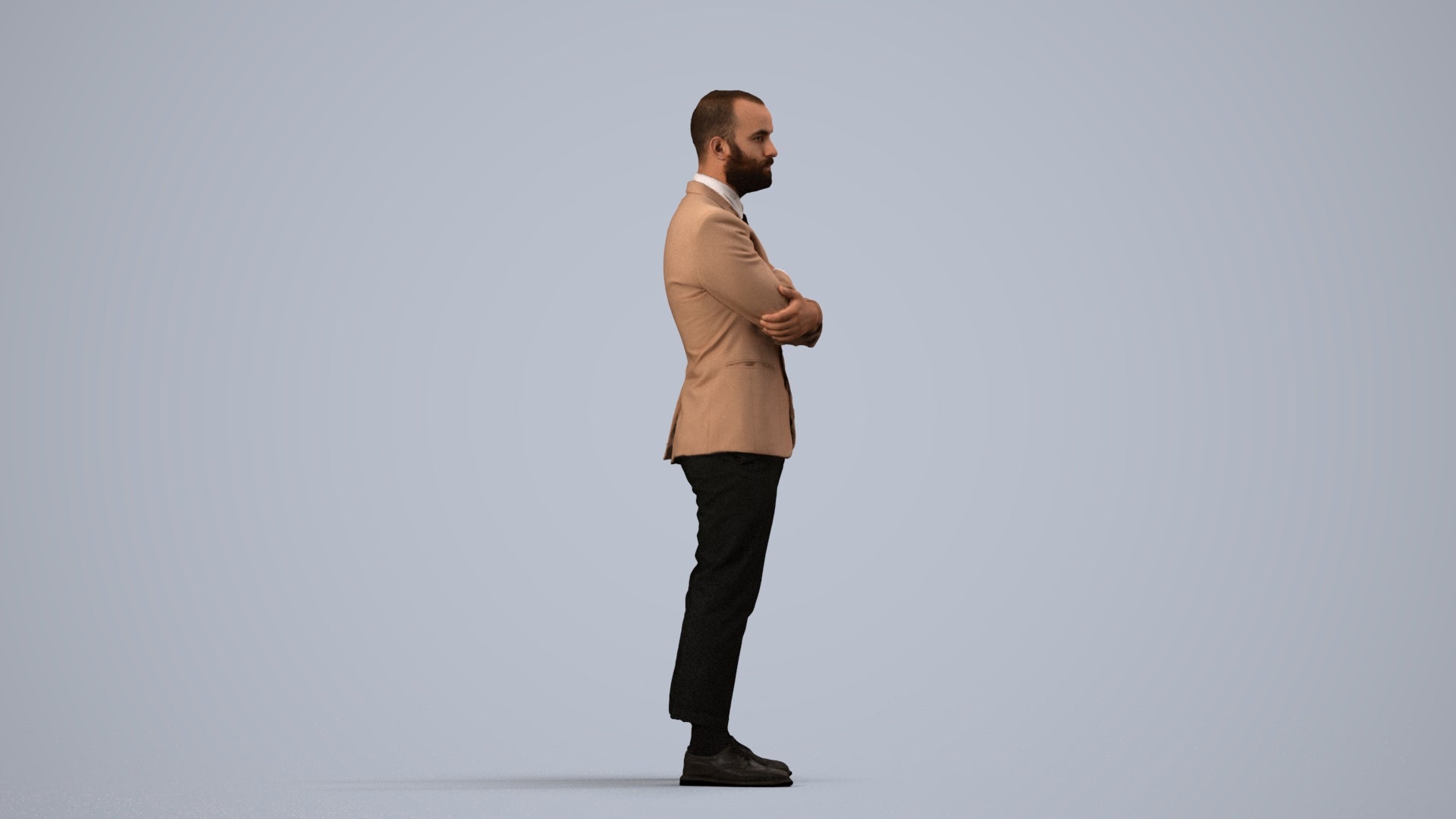 3D human model man business, photogrammetry scanned person for archviz, side view render
