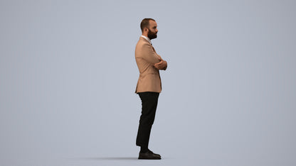 3D human model man business, photogrammetry scanned person for archviz, side view render