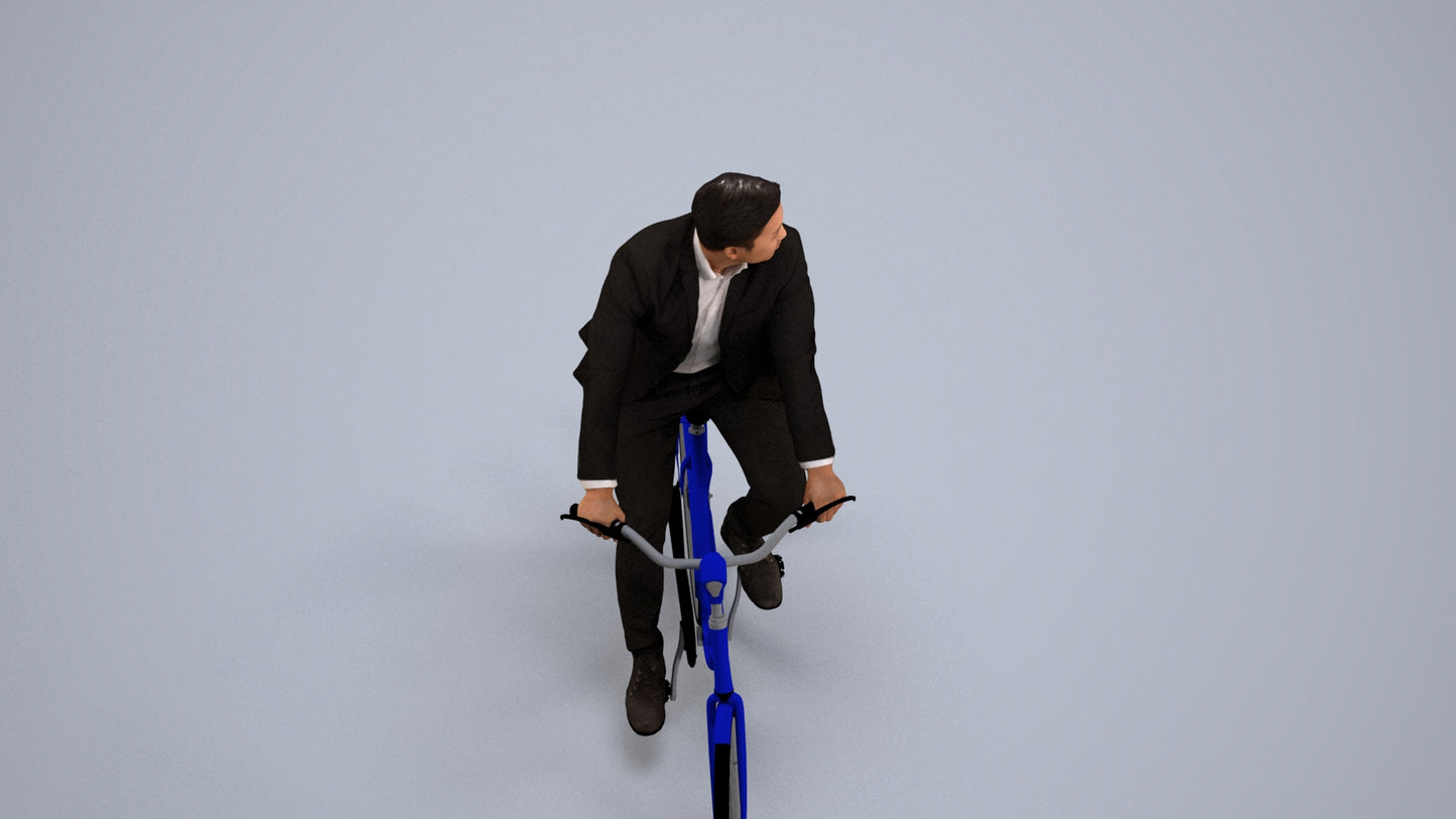 3D human model man business cycling, photogrammetry scanned person for archviz, back view render
