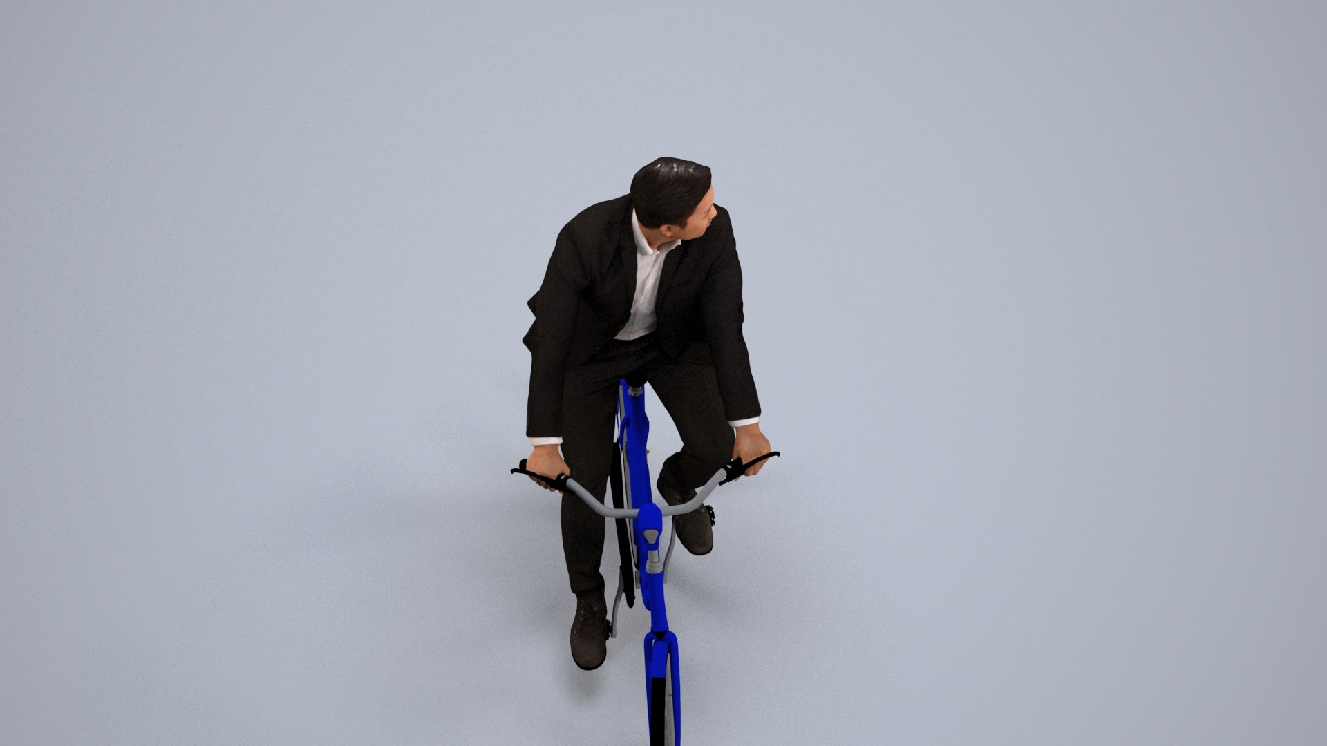 3D human model man business cycling, photogrammetry scanned person for archviz, back view render