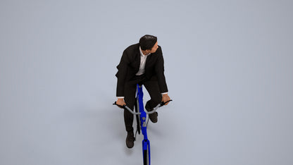 3D human model man business cycling, photogrammetry scanned person for archviz, back view render
