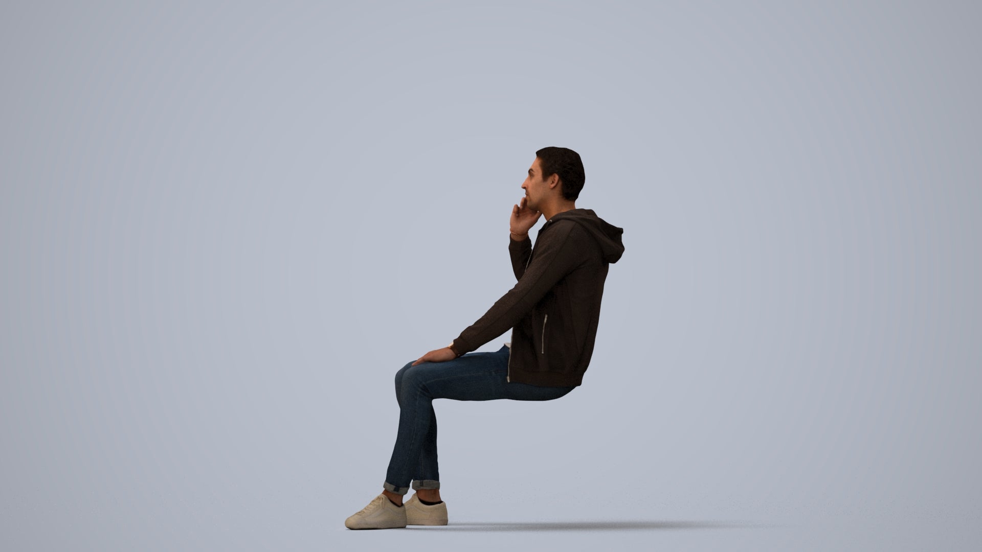 realistic 3D human man casual sitting, archviz people FBX OBJ for Blender, three-quarter view render