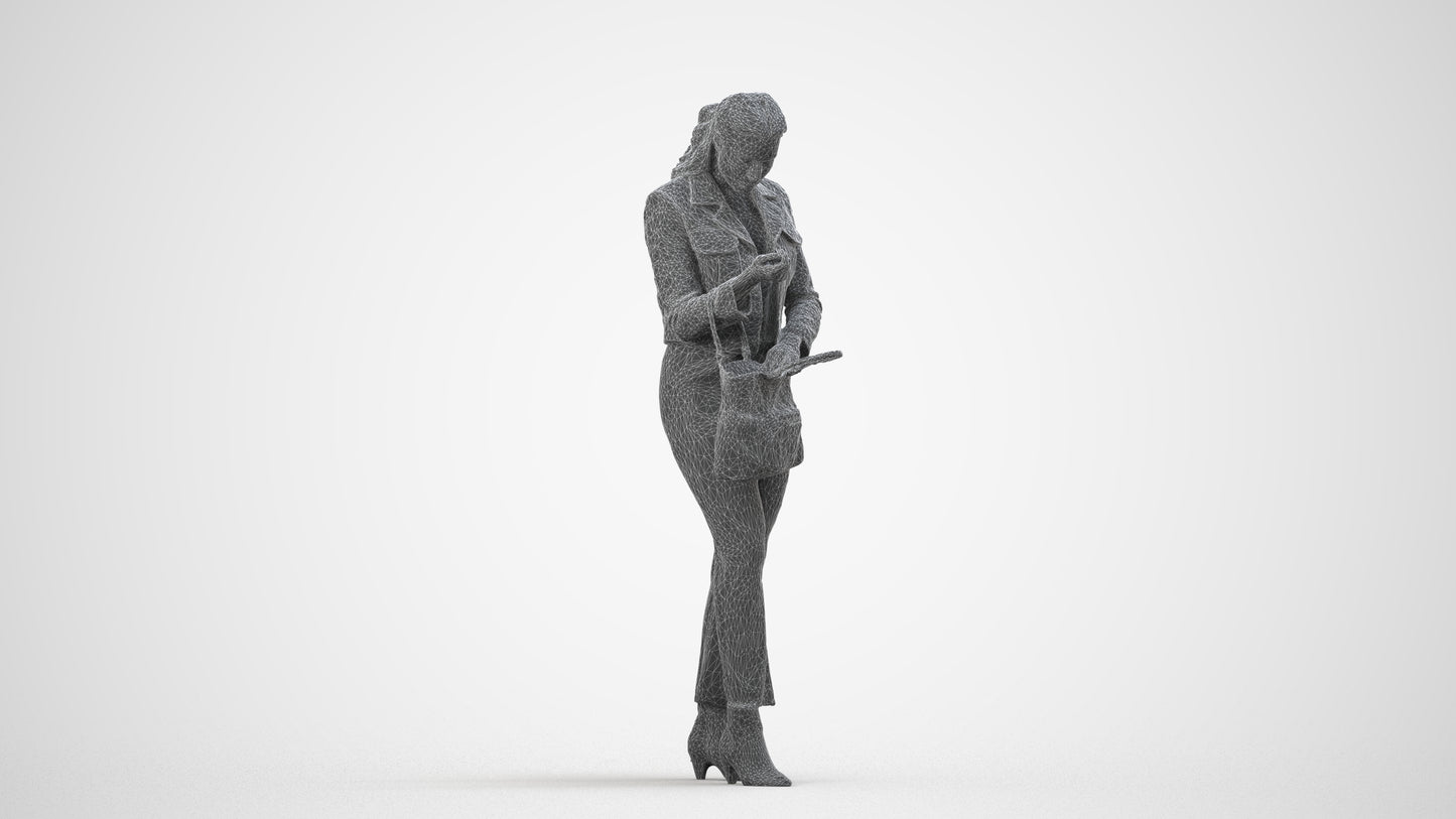 realistic 3D woman business standing, scanned archviz people for Blender and 3ds Max, wireframe side view