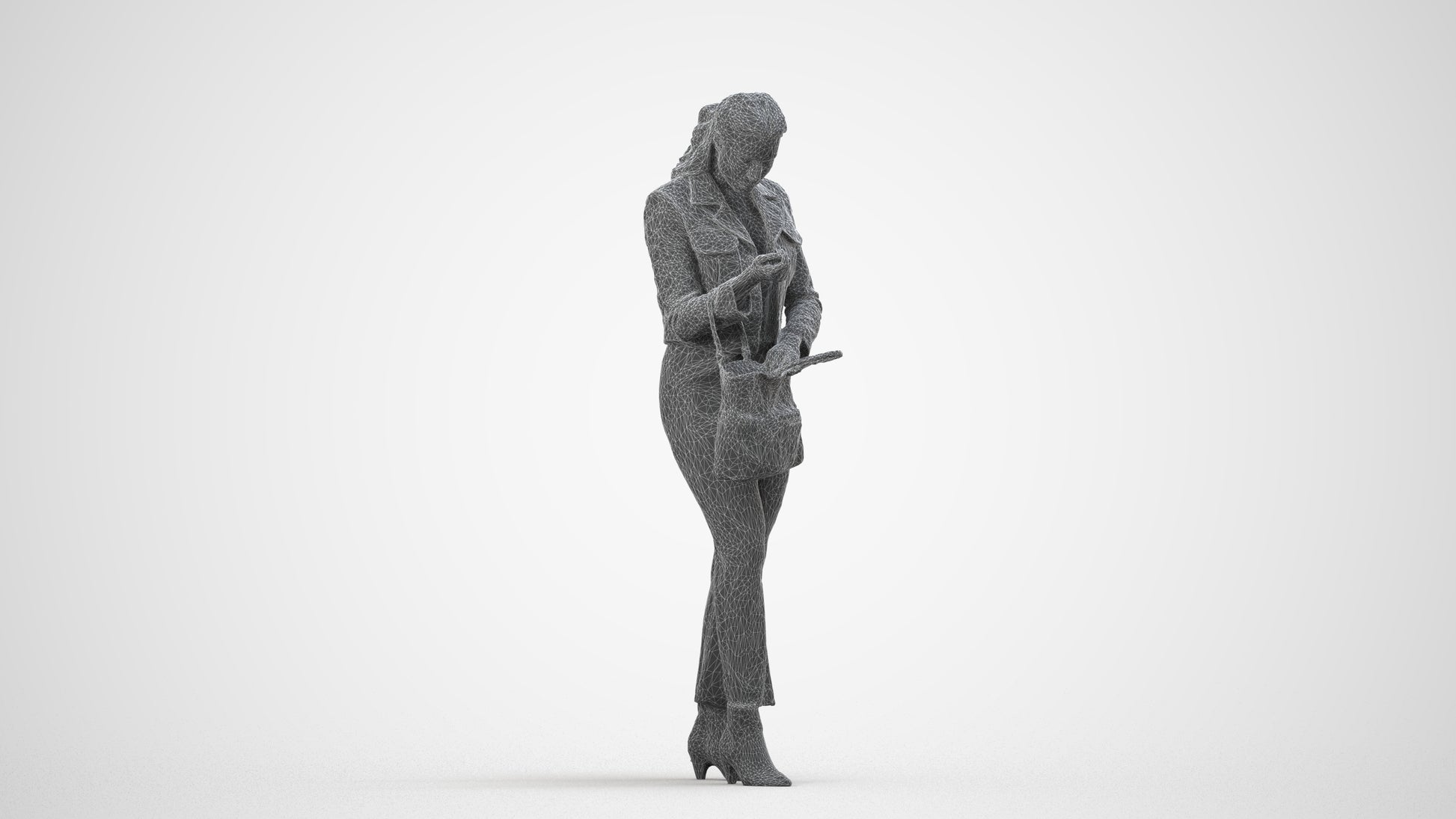 realistic 3D woman business standing, scanned archviz people for Blender and 3ds Max, wireframe side view