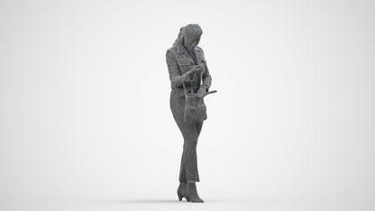 realistic 3D woman business standing, scanned archviz people for Blender and 3ds Max, wireframe side view