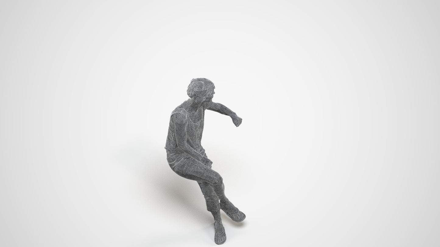 3D scanned senior woman sitting, photorealistic archviz people for Enscape and SketchUp, wireframe side view