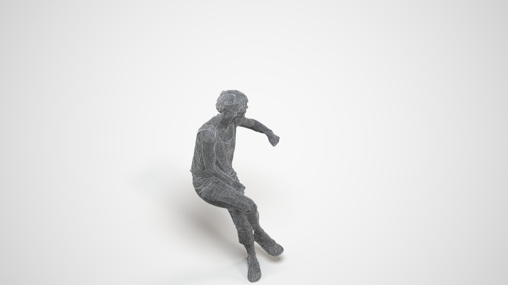 3D scanned senior woman sitting, photorealistic archviz people for Enscape and SketchUp, wireframe side view
