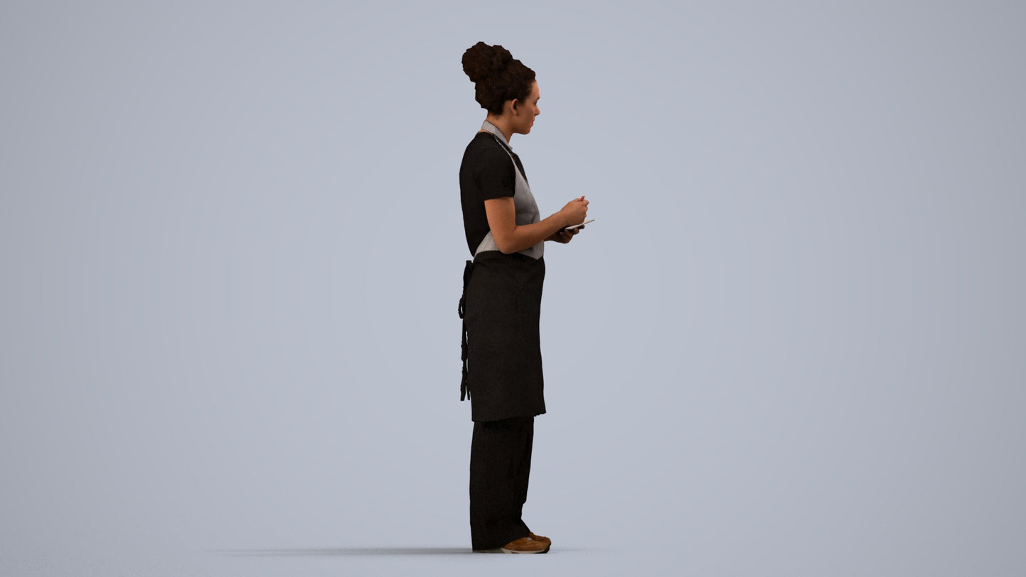 3D scanned woman hospitality, photorealistic archviz people for Enscape and SketchUp, side view render
