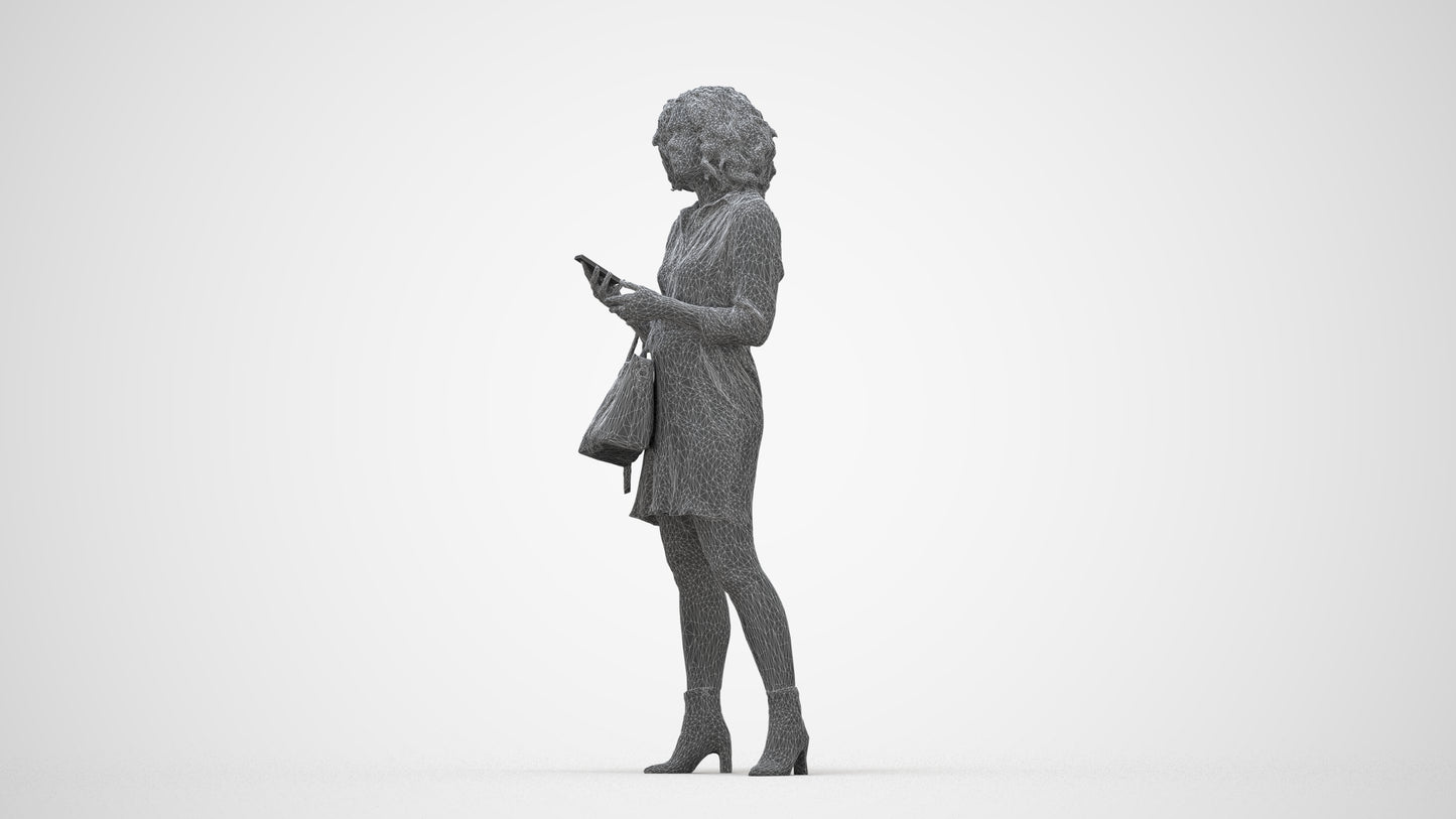 3D scanned woman standing casual, photorealistic archviz people for Enscape and SketchUp, wireframe back view