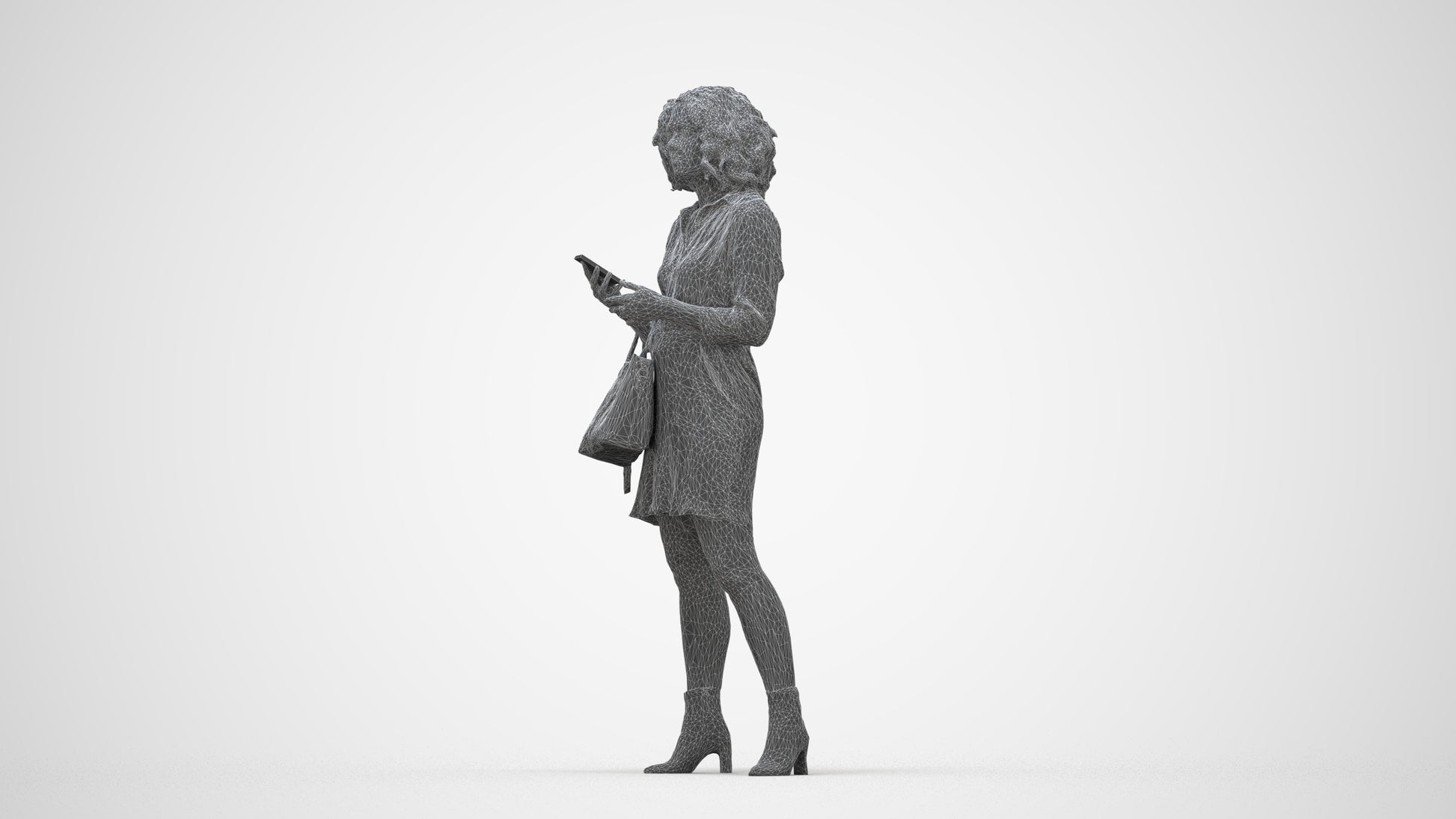 3D scanned woman standing casual, photorealistic archviz people for Enscape and SketchUp, wireframe back view