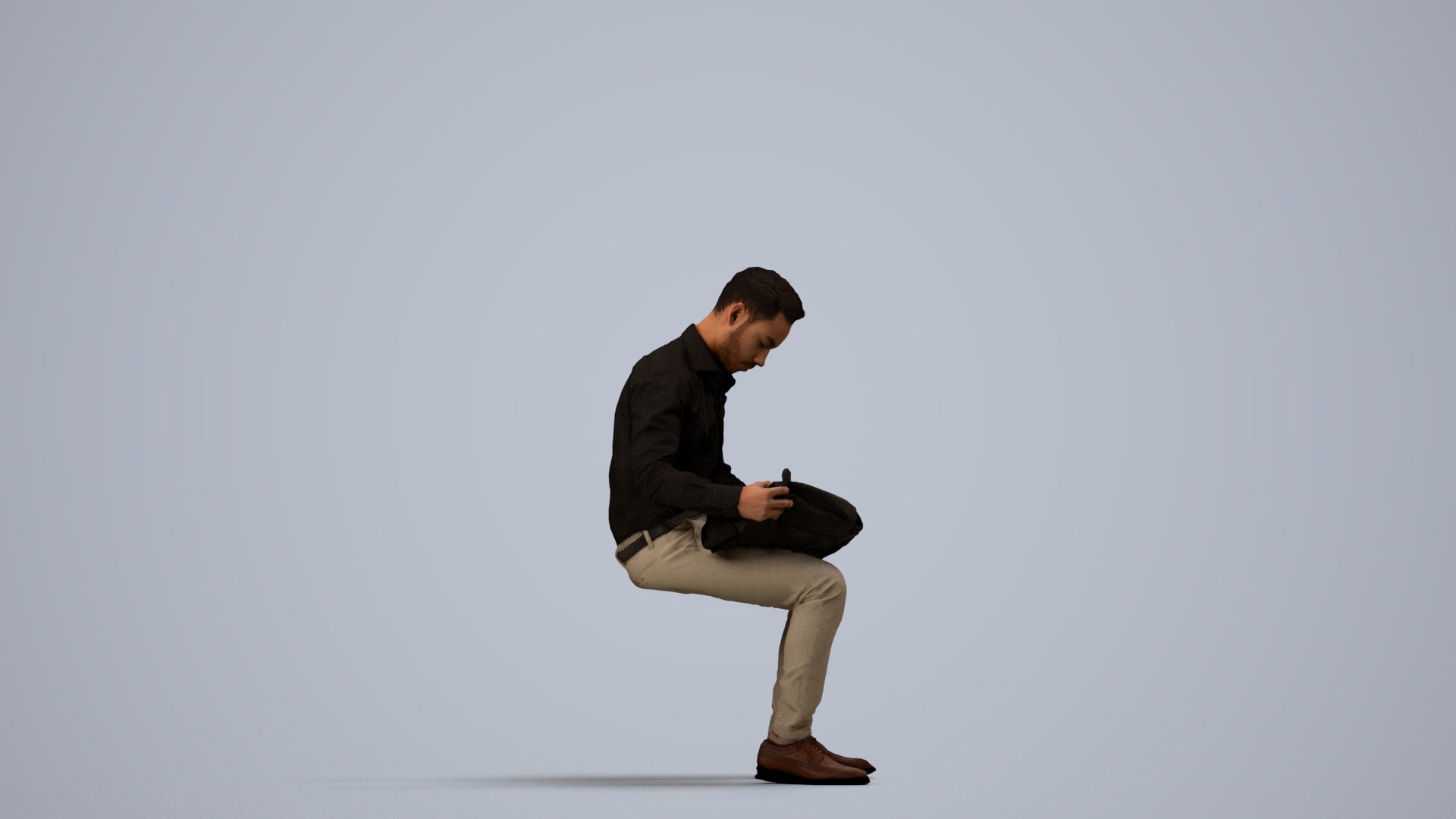 photogrammetry 3D man business sitting, realistic human model archviz FBX, side view render