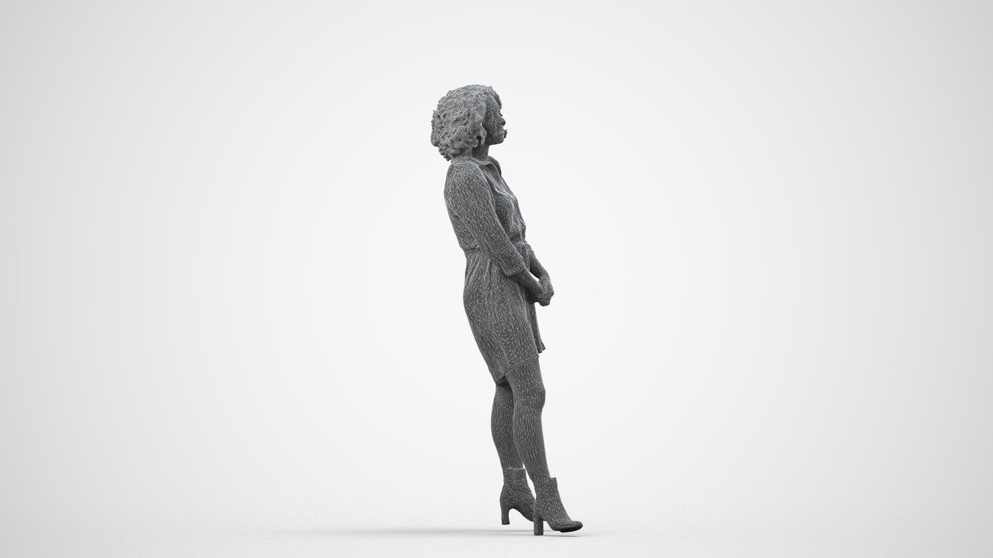 3D human model woman casual standing, photogrammetry scanned person for archviz, wireframe side view