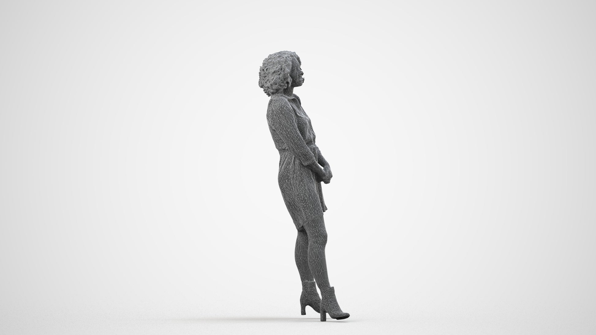 3D human model woman casual standing, photogrammetry scanned person for archviz, wireframe side view