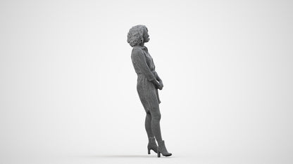 3D human model woman casual standing, photogrammetry scanned person for archviz, wireframe side view