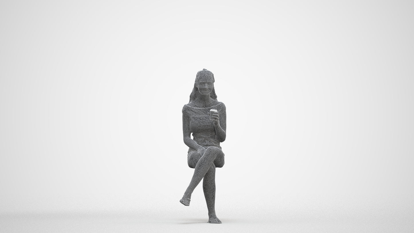 realistic 3D people girl casual sitting, render-ready for V-Ray and Corona, FBX OBJ, three-quarter front view render